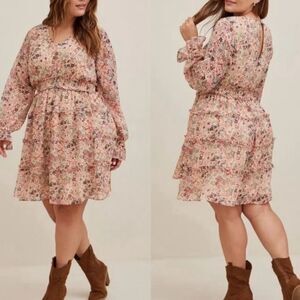 TORRID 1X chiffon floral long sleeve mini dress cream red gold purple like new